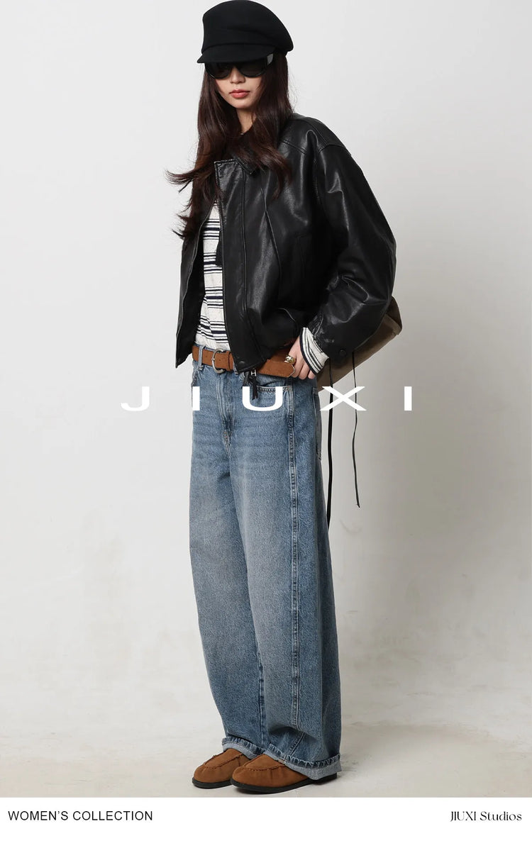 Soft Sheepskin Genuine Leather Cropped Jacket Women Lapel Zip Up Snap Button Side Pockets Casual Autumn Real Leather Outerwear