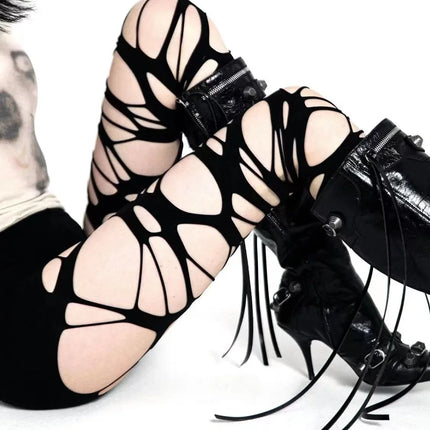 Calza traforata sexy da donna Halloween gotico nero punk cinturino strappato Y2k collant sfilacciato calze intimo festa collant