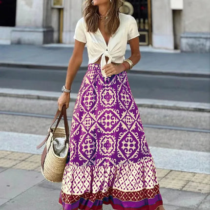 Gonna ampia stampata con elastico in vita da donna, gonna midi boho con inserti, adatta per la spiaggia e l'uso quotidiano