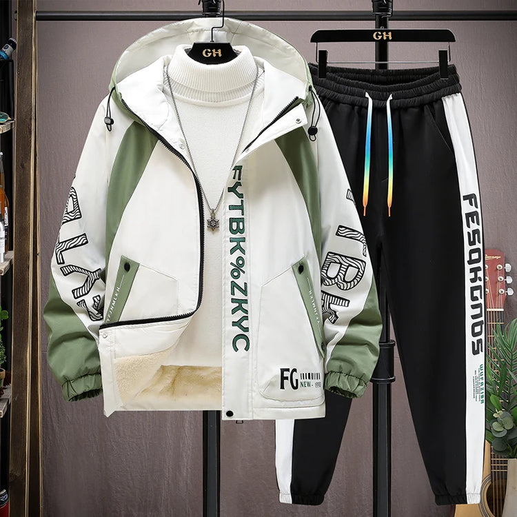 Winter Warm Hooded patchwork Jacket+Pant 2-piece Set Men Set Sports Suit Fleece Thickened Sportswear Casual Men Tracksuit
