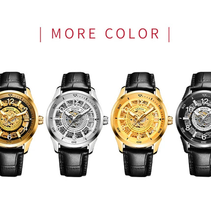 SKROX Original Gold Skeleton Automatic Movement Men's Watch Mechanical Waterproof Male Wrist Watches Leather Strap Luxury Clock