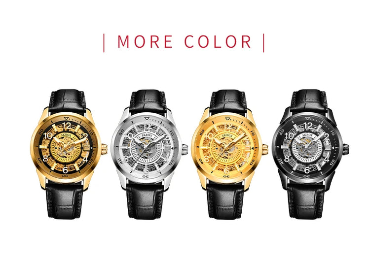 SKROX Original Gold Skeleton Automatic Movement Men's Watch Mechanical Waterproof Male Wrist Watches Leather Strap Luxury Clock