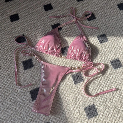 Micro Bikini Rosa Lucido da Donna, Sexy con Perle in PU, Push-Up, Perizoma, Costume da Bagno Estivo, con Lacci, per Vacanze PlatiNum