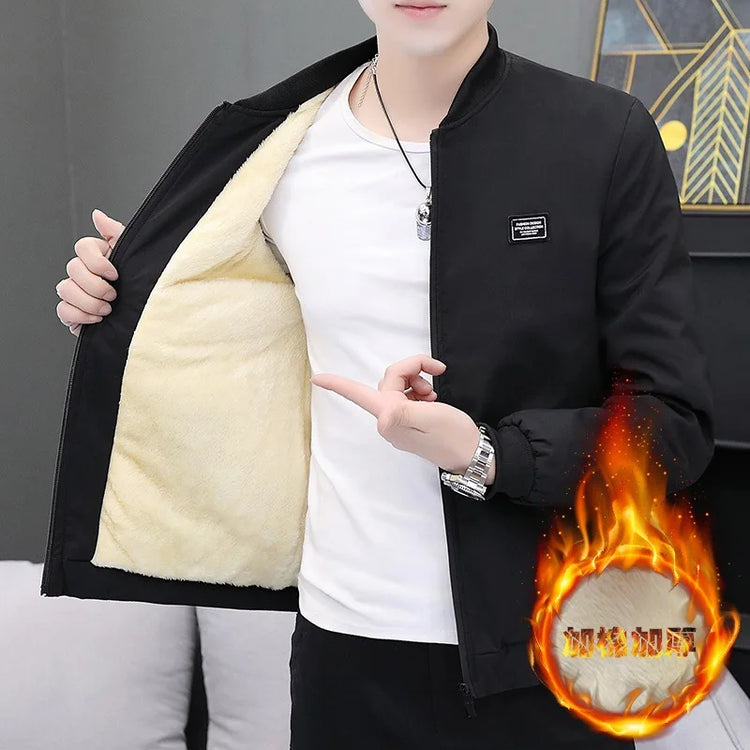 Thickened Fleece Lined Men's Casual Jacket Coat Autumn Winter Outerwear Fashionable Youth Style Zipper Closure Short Length