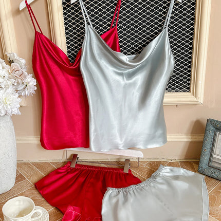 Set pigiama in raso solido Sexy da donna estivo Top e pantaloncini set di quattro pezzi morbido e confortevole