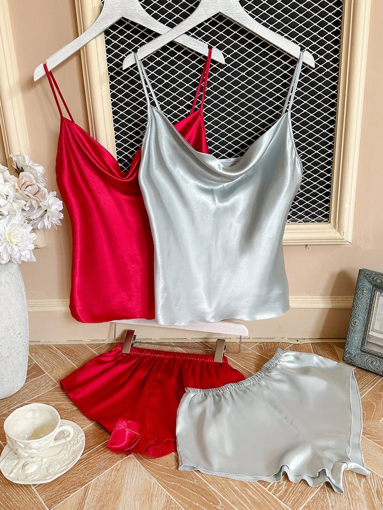 Set pigiama in raso solido Sexy da donna estivo Top e pantaloncini set di quattro pezzi morbido e confortevole