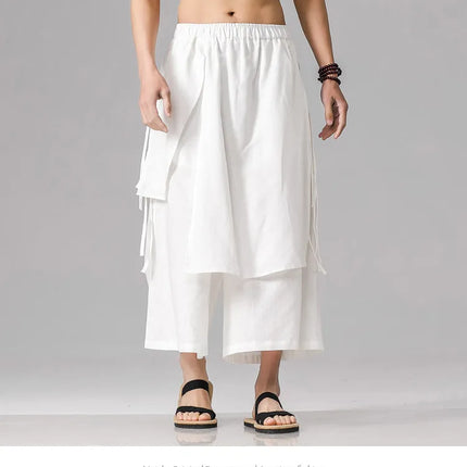 Pantaloni da uomo irregolari in cotone e lino, stile Harajuku, a gamba larga, tinta unita, casual, con elastico in vita, vestibilità ampia, stile punk