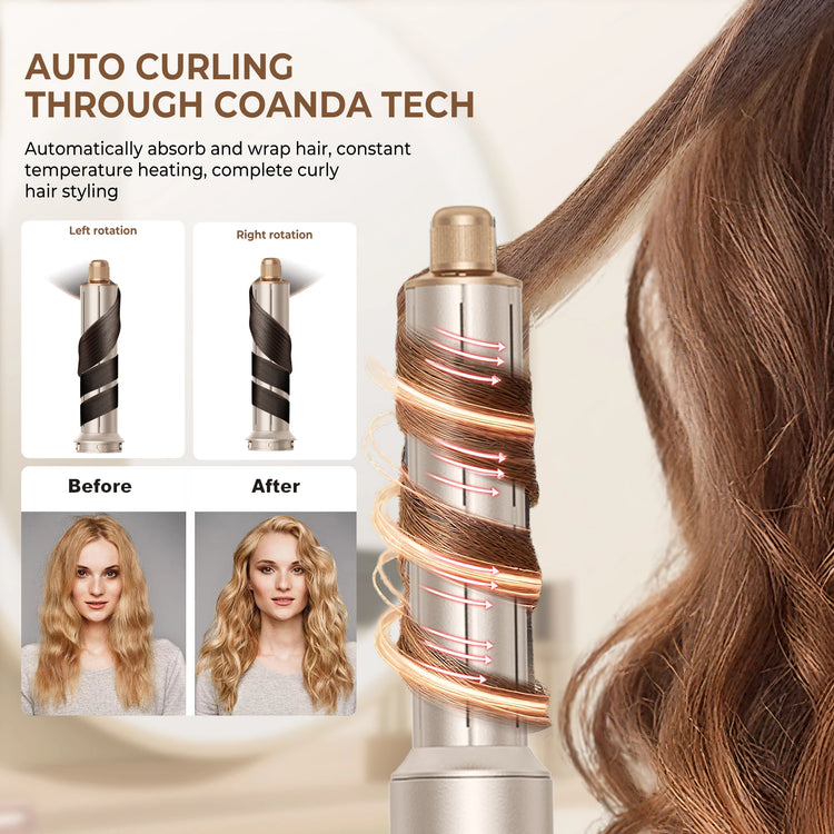 UKLISS 643 Champagne Color 8-in-1 Hot Air Styler Set, Detachable Multi Functional Hair Styling Tool, Hair Dryer, Curling Wand, Straightening Brush & Flat Iron All in One, Foldable Rotatable Auto Curler for Quick Drying, Smoot