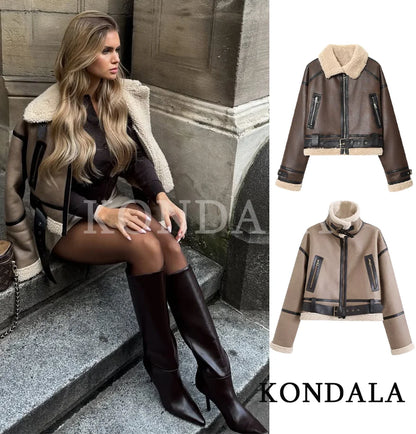 KONDALA Fall Winter Fleece Stand-up Jacket Women's Casual Thickened Warm Zipper Coat 2025 Fashion Retro Motorcycle Style Jacket