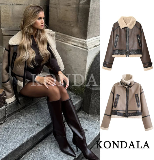 KONDALA Fall Winter Fleece Stand-up Jacket Women's Casual Thickened Warm Zipper Coat 2025 Fashion Retro Motorcycle Style Jacket