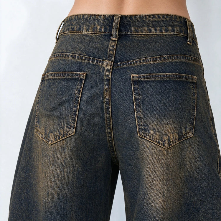 Women’s High-Waisted Wide-Leg Curved Jeans, Rust-Brown Vintage-Wash Denim with Vertical Stitching and Front Pockets, Casual Retro-Style Trousers for Everyday Wear  YW-1855