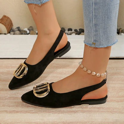 French Pointed-toe Metal Flat Shoes Baotou Sandals Shallow-mouth Single Shoes Foreign-style Explosive Internet Celebrity