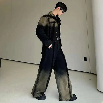 LUZHEN Denim American Sets Gradient Burr Personalized Tassel High Street Wornout Fashion Straight Jeans Retro Two Piece LZ9010 PlatiNum