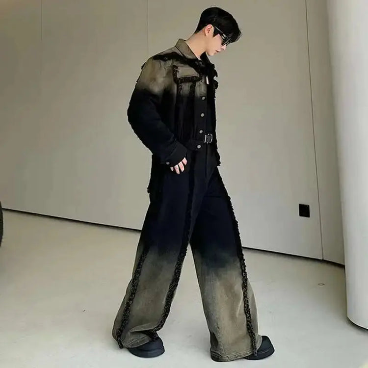 LUZHEN Denim American Sets Gradient Burr Personalized Tassel High Street Wornout Fashion Straight Jeans Retro Two Piece LZ9010 PlatiNum