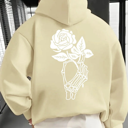Gothic Skeleton Hand Holding Rose Large Back Print Hoodie Pullover Unisex Loose Fleece Lined Autumn Winter