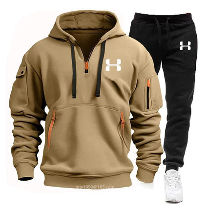 Men new autumn and winter multi-pocket zipper long-sleeved hoodie + sports and leisure pants two-piece fitness jogging suit PlatiNum