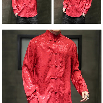 Giacca Tang di alta qualità da uomo camicetta con colletto alla coreana in argento elegante abbigliamento cinese rosso camicie Casual da uomo in raso di seta blu di grandi dimensioni