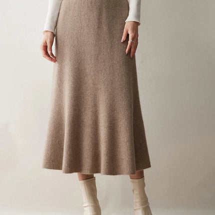 Autumn Winter Women New 100% Cashmere Fishtail Skirt  Mid Length Slimming High Waisted Knitted Umbrella Skirt Elegant Dress PlatiNum