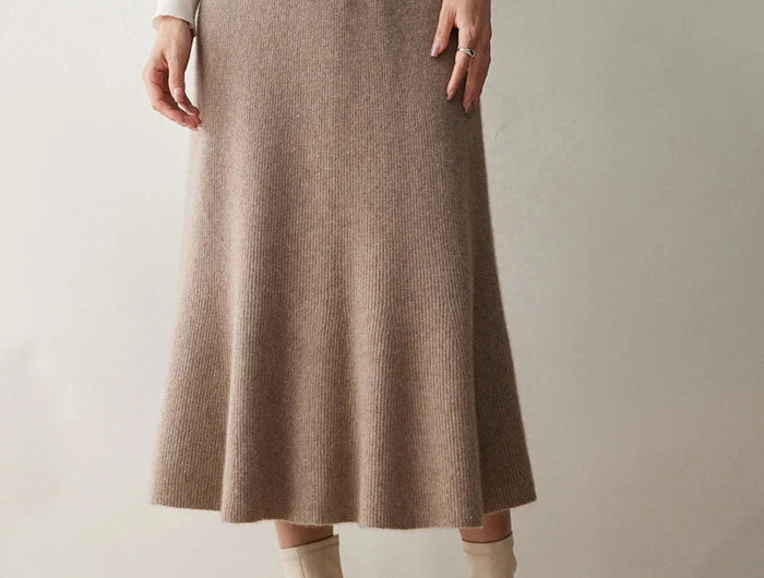 Autumn Winter Women New 100% Cashmere Fishtail Skirt  Mid Length Slimming High Waisted Knitted Umbrella Skirt Elegant Dress PlatiNum