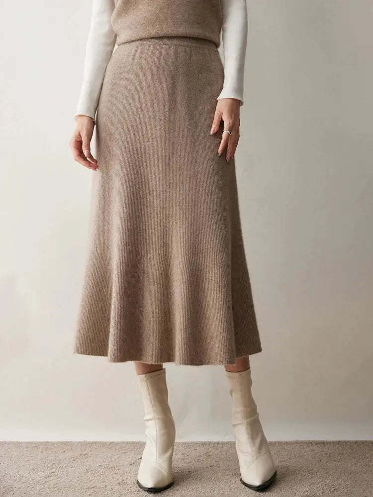 Autumn Winter Women New 100% Cashmere Fishtail Skirt  Mid Length Slimming High Waisted Knitted Umbrella Skirt Elegant Dress PlatiNum