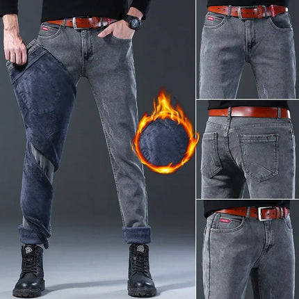 Winter Hot Sale of The Season Trendy Stretchy Fleece Lined Thick Denim Mid Waist Fashionable Casual Warm Long Pants Men's Jeans
