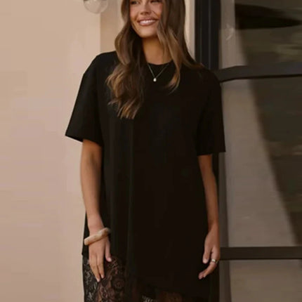 T-Shirt Dress with Lace and Asymmetrical Hem, Short Sleeves, Crew Neck, Casual and Comfortable Mini Dress, Summer Fashion 2026 Streetwear