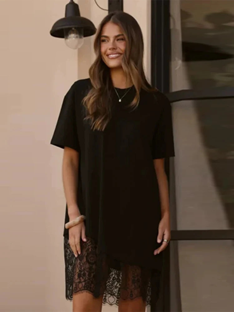 Abito T-Shirt con Pizzo e Orlo Asimmetrico, Maniche Corte, Girocollo, Vestito Mini Casual e Comodo,