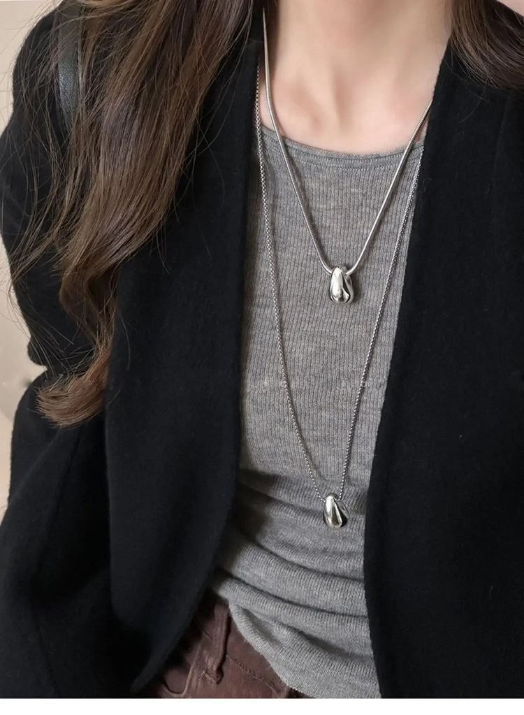 Real 925 Sterling Silver Minimalist Water Drop Pendant Chain Necklace for Women Classic Fine Jewelry Personality Accessories PlatiNum