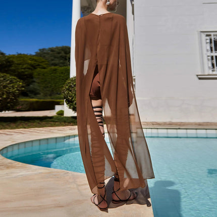 Poncho Lungo in Chiffon da Donna, Copricostume Leggero in Rete Trasparente, Stile Y2K, per Spiaggia e Bikini, Sciarpa Avvolgente Estiva platinumshop