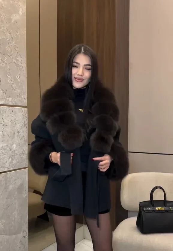 Lady Faux Fur Collar Cuffs Patchwork Short Overcoat  Belted Lace Up Loose Warm Jacket New Winter Daily Street Women's Outerwear