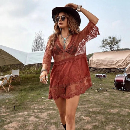 Camicia Estiva con Scollo a V, Protezione Solare, Ampia e Casual, Copricostume da Spiaggia per Vacanze e Bikini per Donne platinumshop