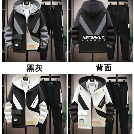 Winter Tracksuit Men Warm Sports Printed Thick Suit Mens Casual Hooded jacket+Pants Sweatsuit Male 2 Piece Sportswear
