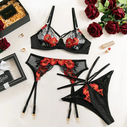 Krasapt Luxury Floral Embroidery Lingerie 2Pcs Sets Sensual Mesh See Through Bra And Panty Garter Erotic Suits Delicate Bilizna