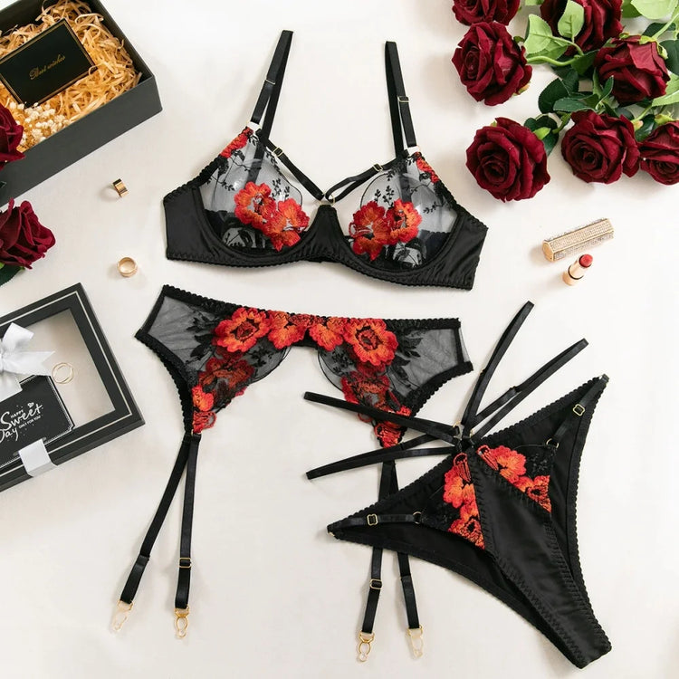 Krasapt Luxury Floral Embroidery Lingerie 2Pcs Sets Sensual Mesh See Through Bra And Panty Garter Erotic Suits Delicate Bilizna