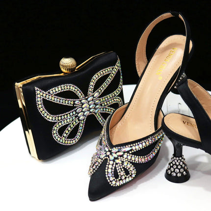 Venus Chan New Elegant Green Bling Bow décolleté con punta a punta per le donne 2024 Party italian strass scarpe e borse set coordinato