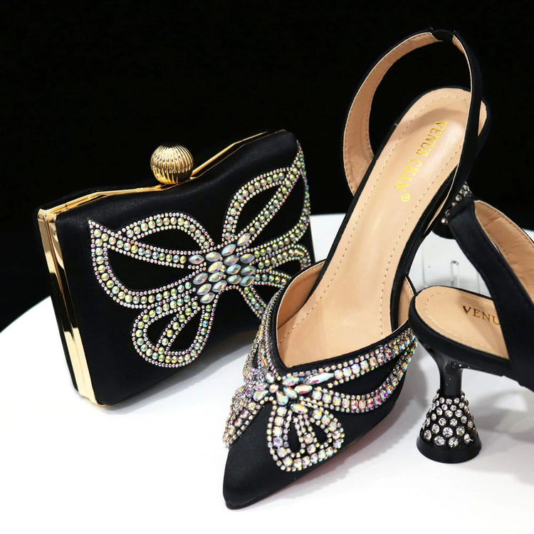 Venus Chan New Elegant Green Bling Bow décolleté con punta a punta per le donne 2024 Party italian strass scarpe e borse set coordinato