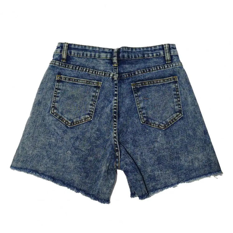 2025 Pantaloncini da donna con bordo strappato effetto consumato retrò Vita alta lavati Tasche laterali slim fit con sollevamento del sedere Pantaloni corti da festa casual da club - platinumshop