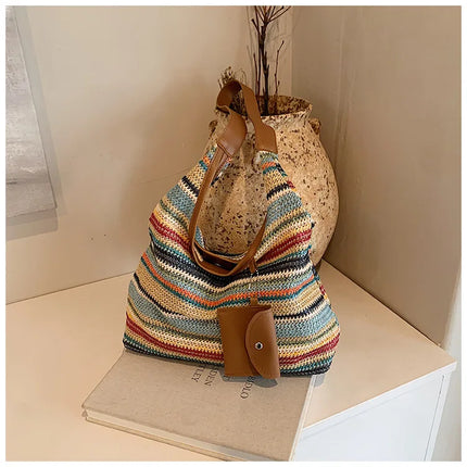 Hand-Woven Large Capacity Tote Bag for Women, Fashionable Commuter Bag, INS Style, Beach Bag for Daily Travel