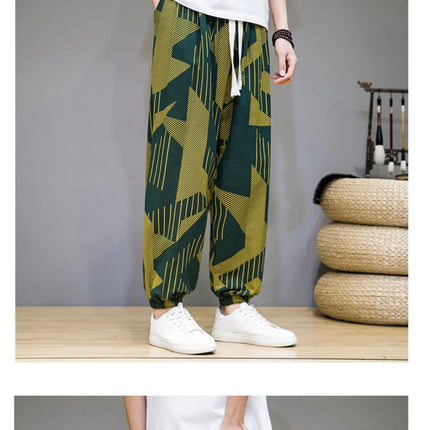 Pantaloni Primavera-Estate da Uomo in Stile Cinese, Sottili e Traspiranti in Cotone e Lino, con Vita Elastica, Pantaloni Harem Stampati Casual e Comodi