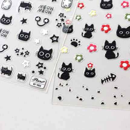Cute Black Cat Nail Stickers Decals 5D Embossed Kawaii Cat Flowers Star Nail Art Decoration Cute Cartoon Sliders Summer Manicure