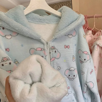 Autumn Winter Japanese Kawaii Harajuku Womens Coat Thicken Blue Sweet Cute Loose Hoodies Design Coral Fleece Korean Sweatshirts