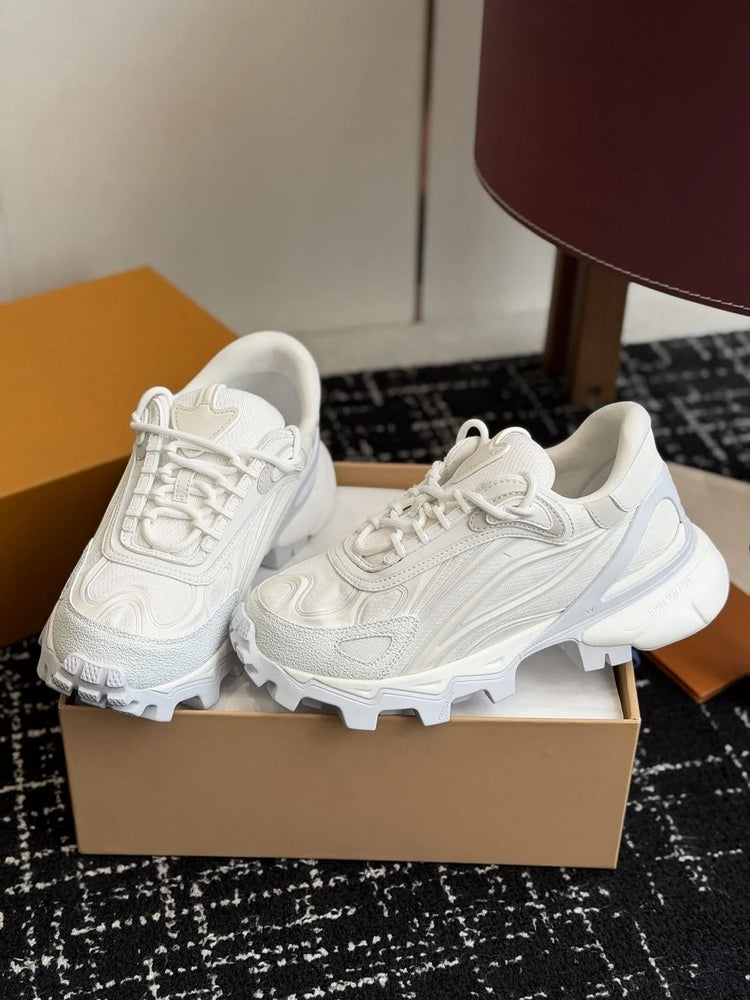 Minimalist Pure White Mesh & Leather Hiking‑Style Dad Sneakers Serrated Non‑Slip Thick Sole Triangle Tongue Decor Elevated Casual Ladies Athletic Shoes