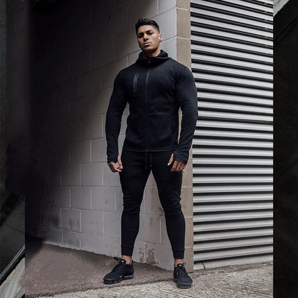 Men's Cotton Training Sets Gym Sportswear Zipper Hoodie Casual Sports Hooded 2-piece Top with Pants Black Sweatshirts Sweatpants PlatiNum