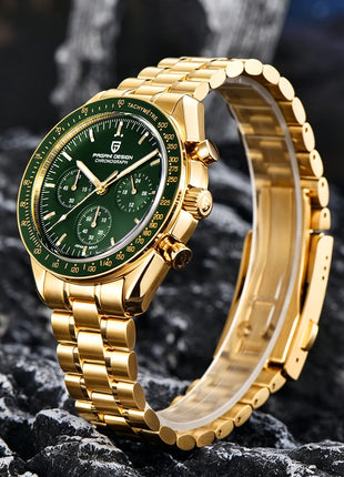 Nuovo orologio classico da uomo PAGANI DESIGN Orologio al quarzo di lusso verde dorato per uomo Cronografo sportivo con data automatica e cristallo AR in zaffiro Orologio da polso da uomo Spedizione locale