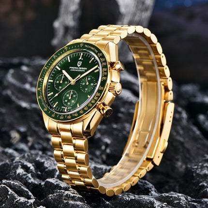 Nuovo orologio classico da uomo PAGANI DESIGN Orologio al quarzo di lusso verde dorato per uomo Cronografo sportivo con data automatica e cristallo AR in zaffiro Orologio da polso da uomo Spedizione locale