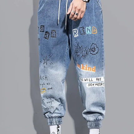 Men's Distressed Denim Pants Cuffed, Artistic Gradient Harem Jeans, Oversized Hip Hop Trousers for Spring Fall Versatile Outfits PlatiNum