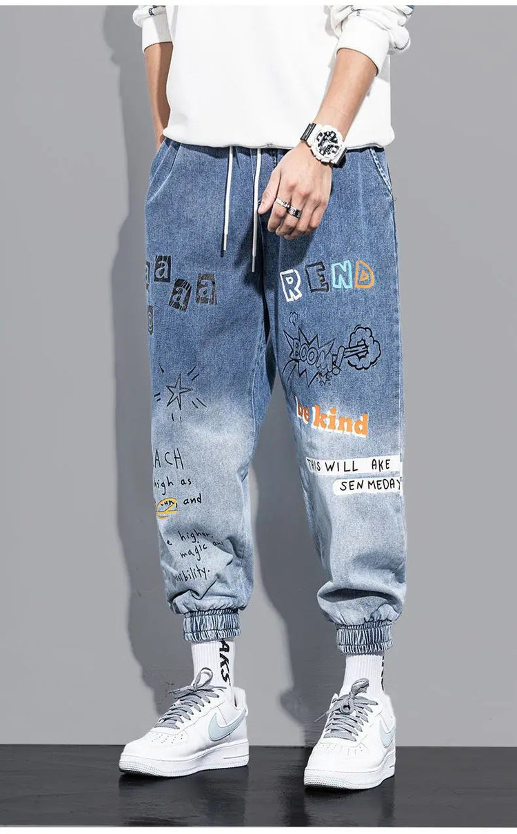 Men's Distressed Denim Pants Cuffed, Artistic Gradient Harem Jeans, Oversized Hip Hop Trousers for Spring Fall Versatile Outfits PlatiNum
