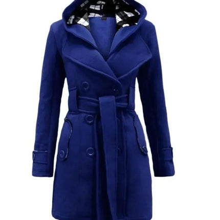 2026 Autumn Women's Hooded Overcoat Trend Double-Breasted Design Belt Side Pockets Plaid Splice Woolen Coats Winter Jacket Femme