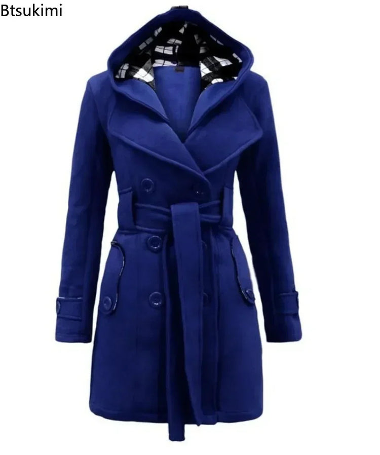 2026 Autumn Women's Hooded Overcoat Trend Double-Breasted Design Belt Side Pockets Plaid Splice Woolen Coats Winter Jacket Femme