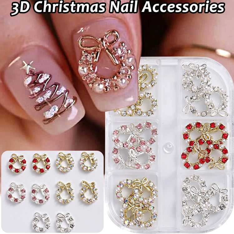 3D Christmas Nail Art Charms; Gold & Silver Bows and Wreaths; Cute Winter Designs for DIY Manicures and Salon Accessories